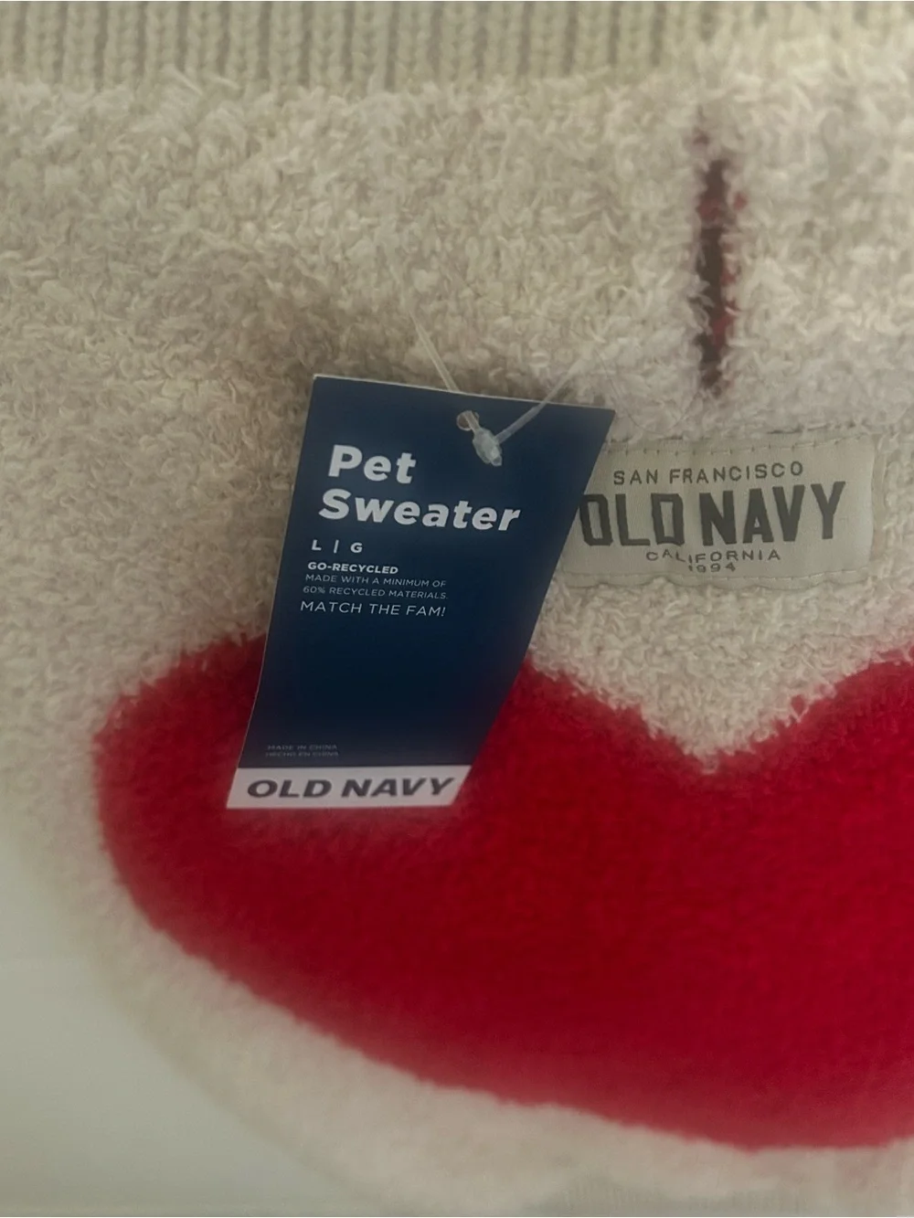 Old Navy Cream and Red Heart Fuzzy Pet Sweater